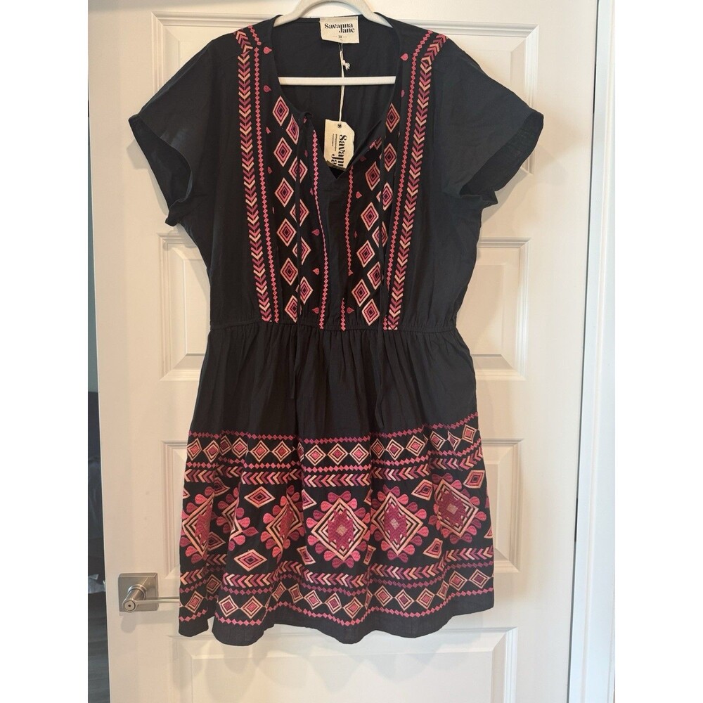 Savanna Jane Dress Black Embroidery  Aztec Pattern Front Neck Tie Size 3X NWT